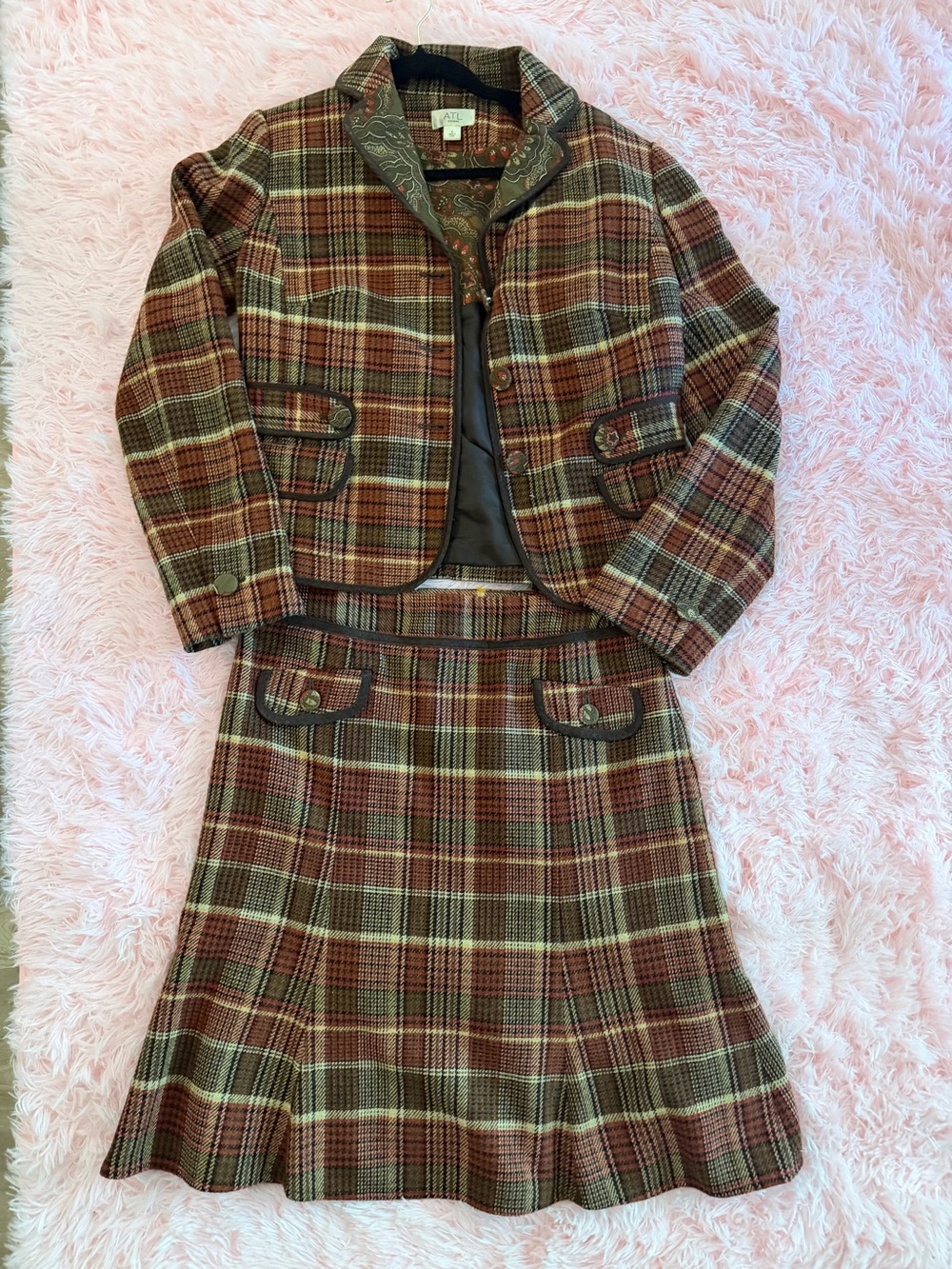 ATL Studio Plaid Two-Piece Skirt Suit and jacket - Brown & Olive Tones